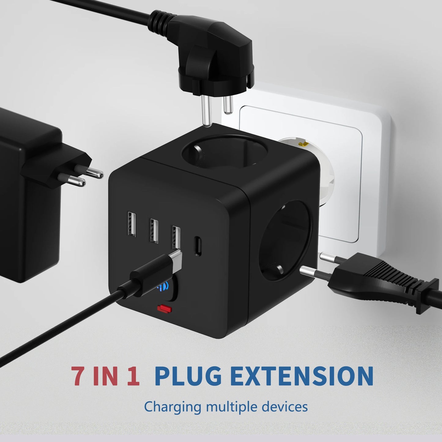 7-in-1 EU Power Strip Surge Protector with 3 AC Outlets 3 USB Ports and 1 Type-C Desktop Charging Station with Overload Protection