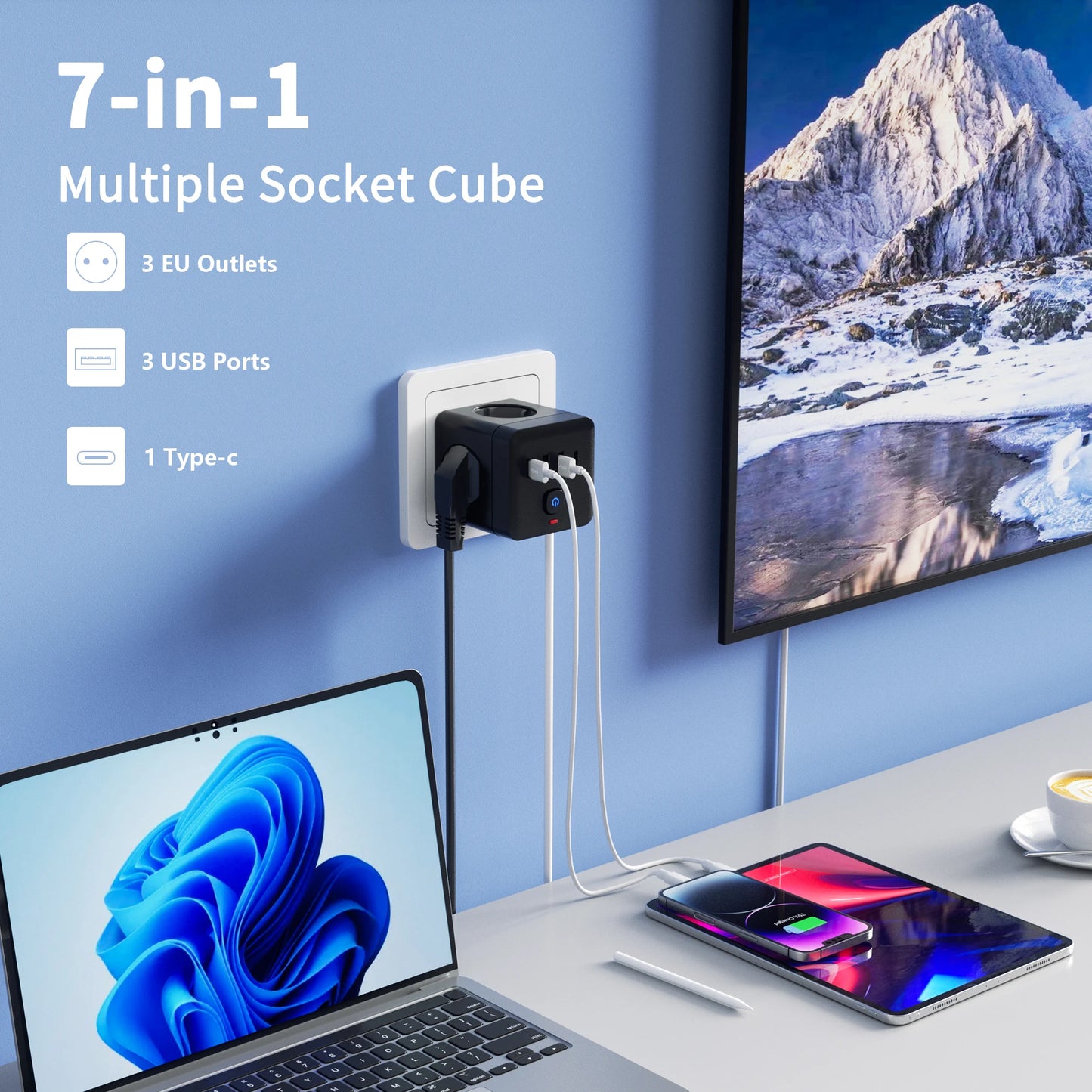 7-in-1 EU Power Strip Surge Protector with 3 AC Outlets 3 USB Ports and 1 Type-C Desktop Charging Station with Overload Protection