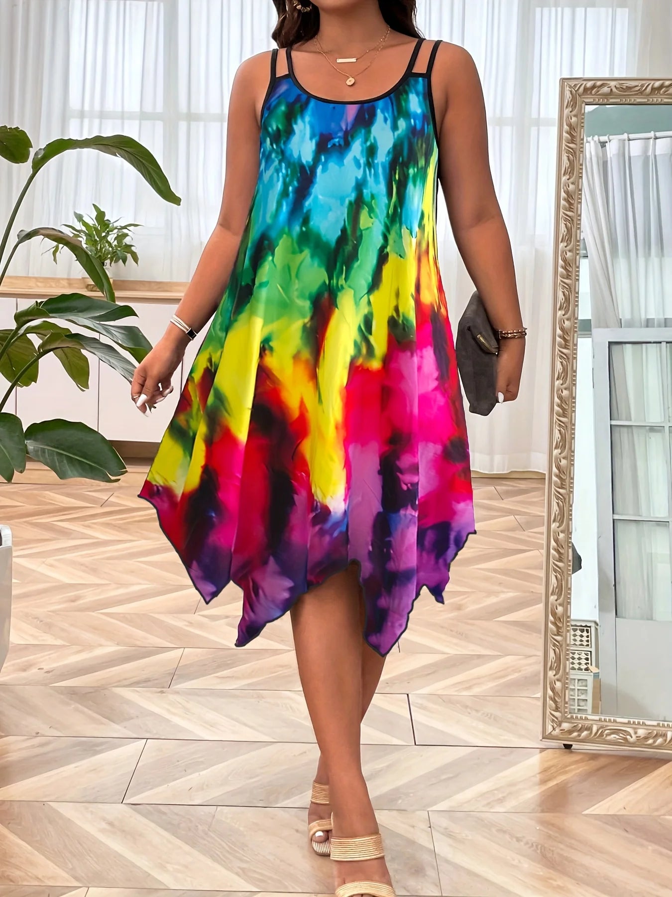 2025 Plus Size Fashion Colorful Tie Dye Style Spaghetti Strap Dress Plus Size Casual Spring Summer Wear