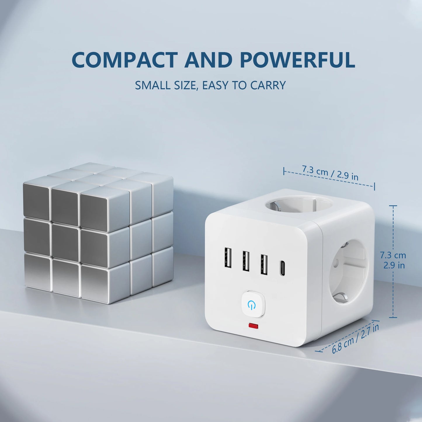 7-in-1 EU Power Strip Surge Protector with 3 AC Outlets 3 USB Ports and 1 Type-C Desktop Charging Station with Overload Protection