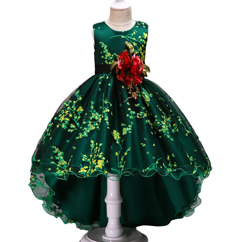 Baby Girls Flower Princess Dress Mid-Calf Length Cotton Polyester Voile Tribute Silk Mesh Age 7-12 Years