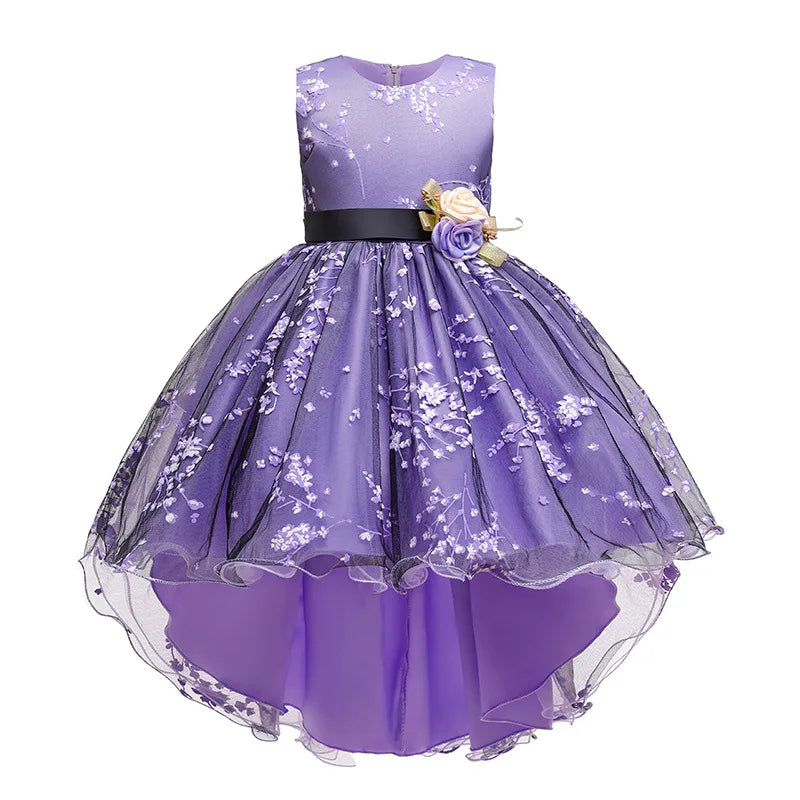 Baby Girls Flower Princess Dress Mid-Calf Length Cotton Polyester Voile Tribute Silk Mesh Age 7-12 Years
