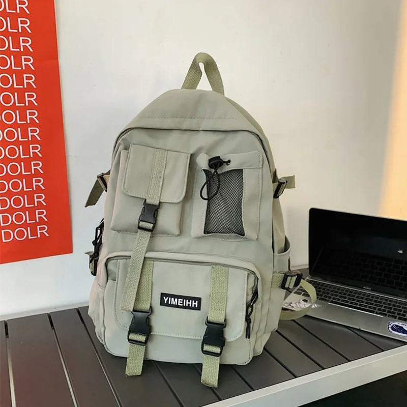 Multiple Pocket Canvas Backpack for Men and Women with Buckle Design Teenager Laptop School Bag