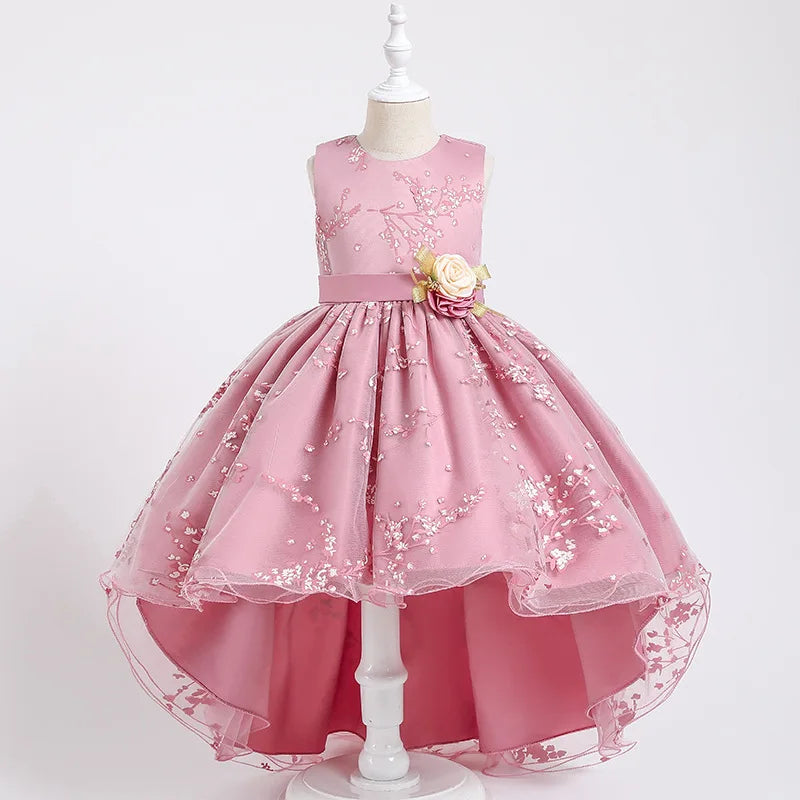 Baby Girls Flower Princess Dress Mid-Calf Length Cotton Polyester Voile Tribute Silk Mesh Age 7-12 Years