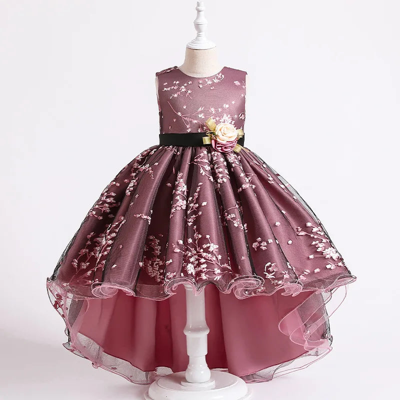 Baby Girls Flower Princess Dress Mid-Calf Length Cotton Polyester Voile Tribute Silk Mesh Age 7-12 Years