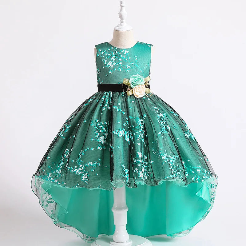 Baby Girls Flower Princess Dress Mid-Calf Length Cotton Polyester Voile Tribute Silk Mesh Age 7-12 Years