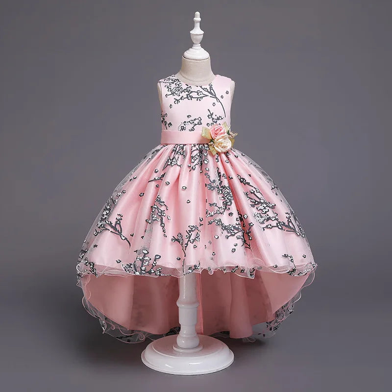 Baby Girls Flower Princess Dress Mid-Calf Length Cotton Polyester Voile Tribute Silk Mesh Age 7-12 Years