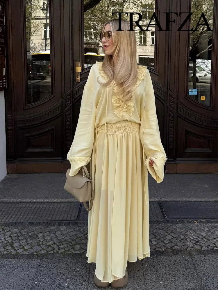 TRAFZA Women Elegant Skirt Suit Long Sleeve Lace Loose Shirt and Zipper Pleated Casual Long Skirt Set