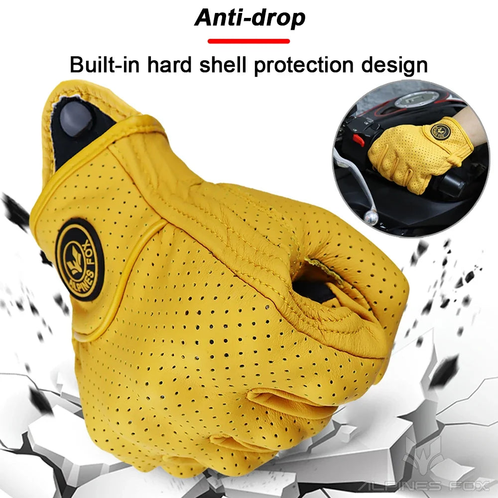 Vintage Goatskin Motorcycle Gloves Men Summer Yellow Retro Leather Guantes M-XXL