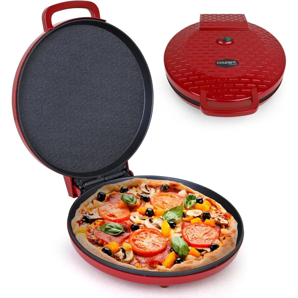 12 Inch Pizza Maker Oven and Griddle with Cool Touch Handle Non Stick Plates Red