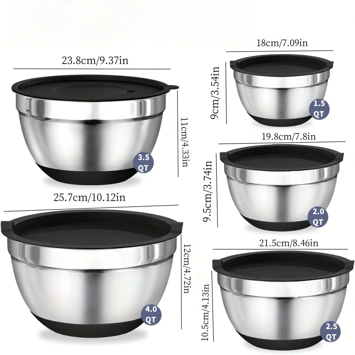 8 Pcs Stainless Steel Mixing Bowls Set with Airtight Lids and Attachments Black Kitchen Baking Serving Bowls