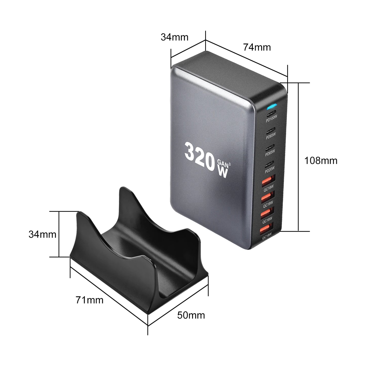 320W GaN Charger USB C Fast Desktop 8 Port USB Type C PD Charger Quick Charge 3.0 for iPhone 15 14 Samsung