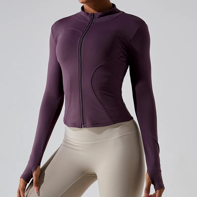 Zipper Long Sleeve Sports Jacket for Women Fitness Yoga Shirt Gym Top Activewear Running Coats Push Up Workout Clothes