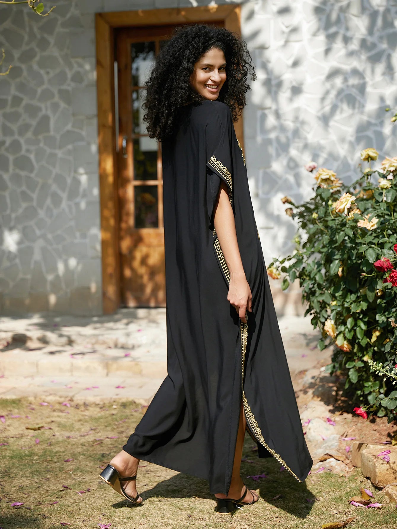Gold Embroidery Beach Dress with Side Split Design and Oversized Fit