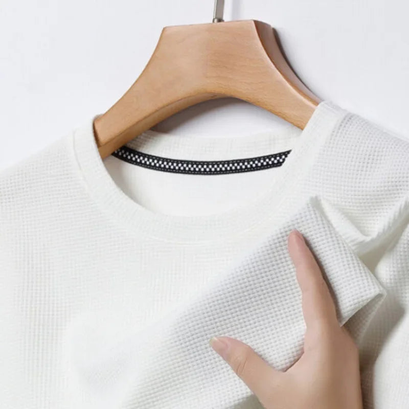 New Summer Waffle Round Neck Short Sleeved T Shirt for Men Casual Top
