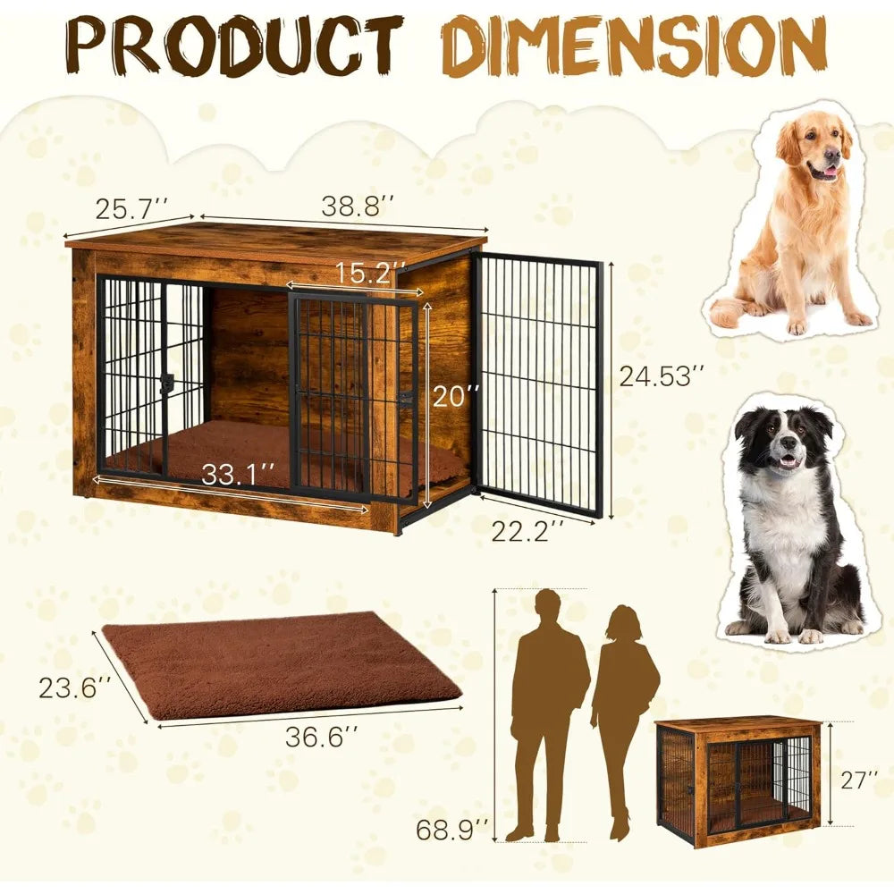 Dog Crate Furniture with Thick Cushion Wooden Side End Table Dog Cage with Double Doors Chew Resistant Kennel for Home