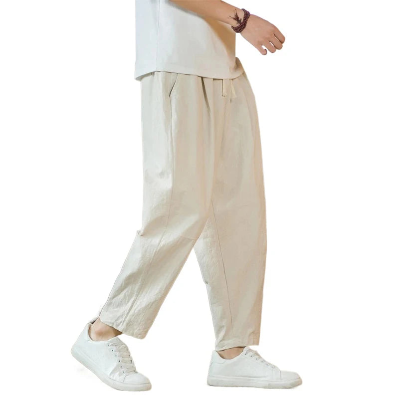 New Cotton Linen Men's Casual Solid Color Breathable Streetwear Loose Straight Drawstring Baggy Lightweight Sport Pants
