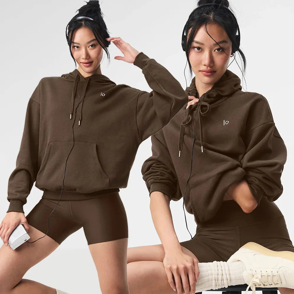 LO Casual Versatile Pure Cotton Pullover Hoodie Sports Outdoor Top Long Sleeved Hooded Solid Color Loose Autumn/winter Hoodie
