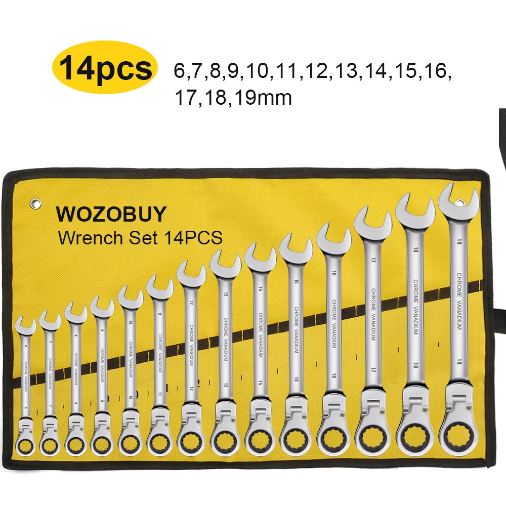 Ratcheting Combination Wrench Set 6-23mm Metric Flex Head Ratcheting Wrench Chrome Vanadium Steel Spanner with Bag