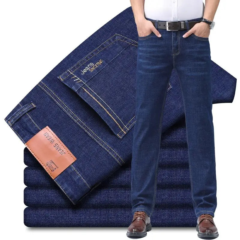 Summer Thin Men's Elastic Cotton Jeans Comfortable Business Casual Pants Fashion Blue Trousers