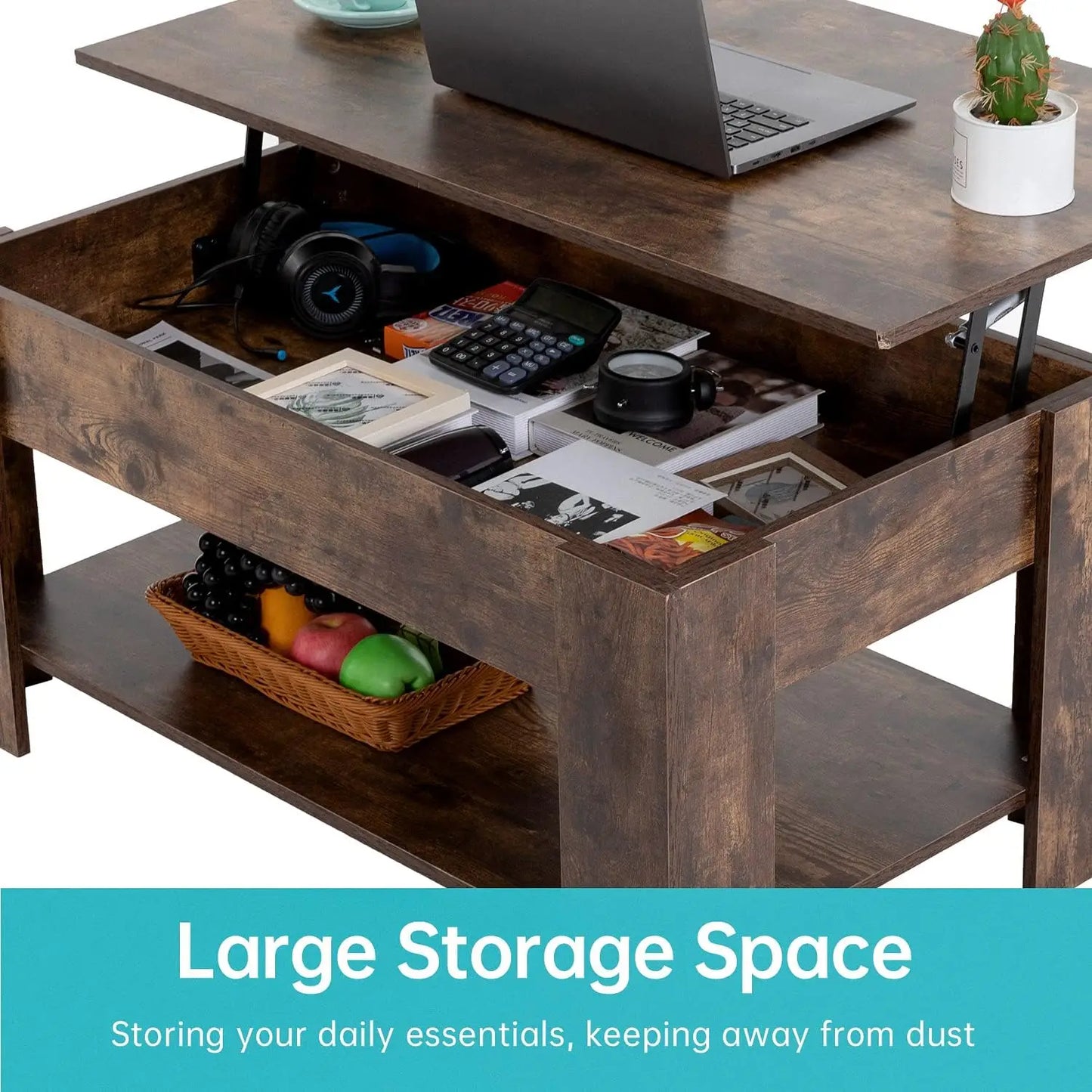 Lift Up Coffee Table With Hidden Compartments And Storage Shelves For Home Living Rooms