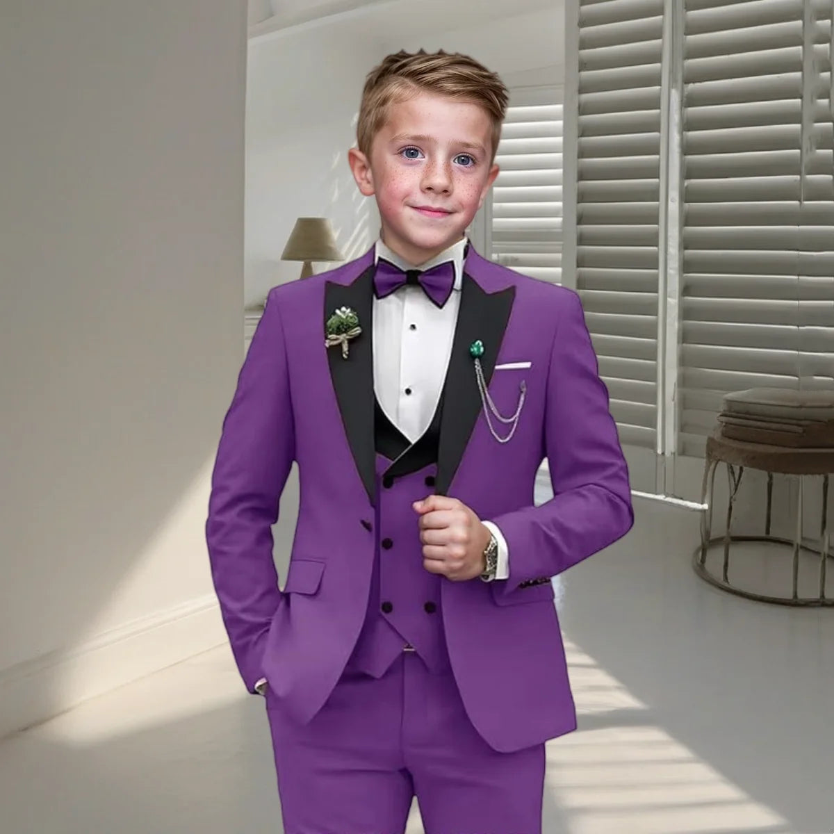 24 Hour Ship Boy's Formal 4 Piece Suit Set Blazer Vest Pants Bow Tie Smart Kids Tuxedo Dress Wedding Ring Bearer