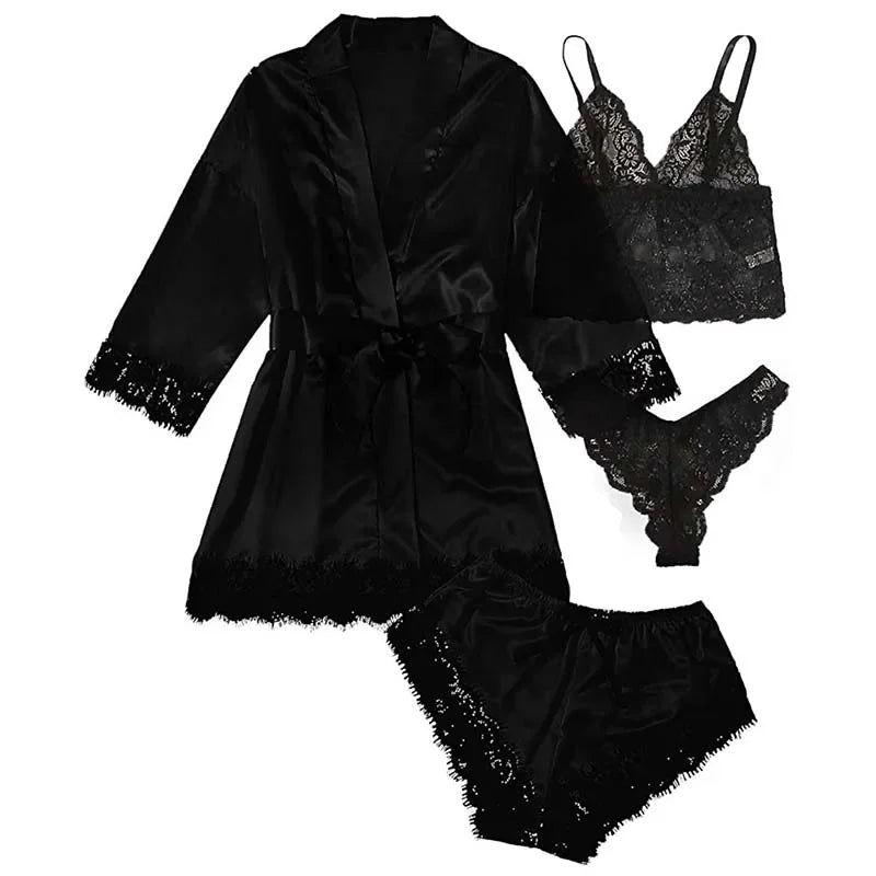 4 Pieces Women's Sleepwear Pajamas Set with Robe Sexy Lace Lingerie Bathrobe Silk Satin Home Nightwear Robe