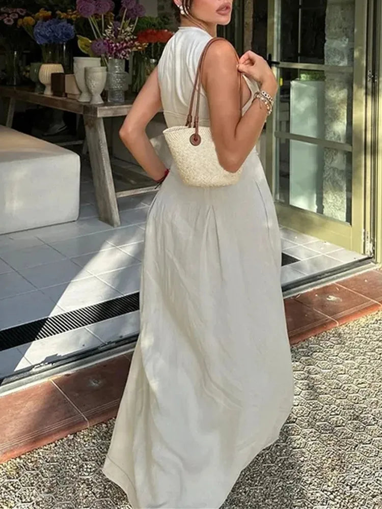 TRAF Zipper Long Dress Women Pleated Sleeveless Bodycon Dress Summer Elegant Party Midi Dresses 2024