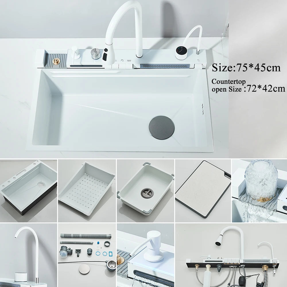 304 Stainless Steel Large Single Slot Waterfall Kitchen Sink with Integrated Digital Display Faucet Set and Soap Dispenser