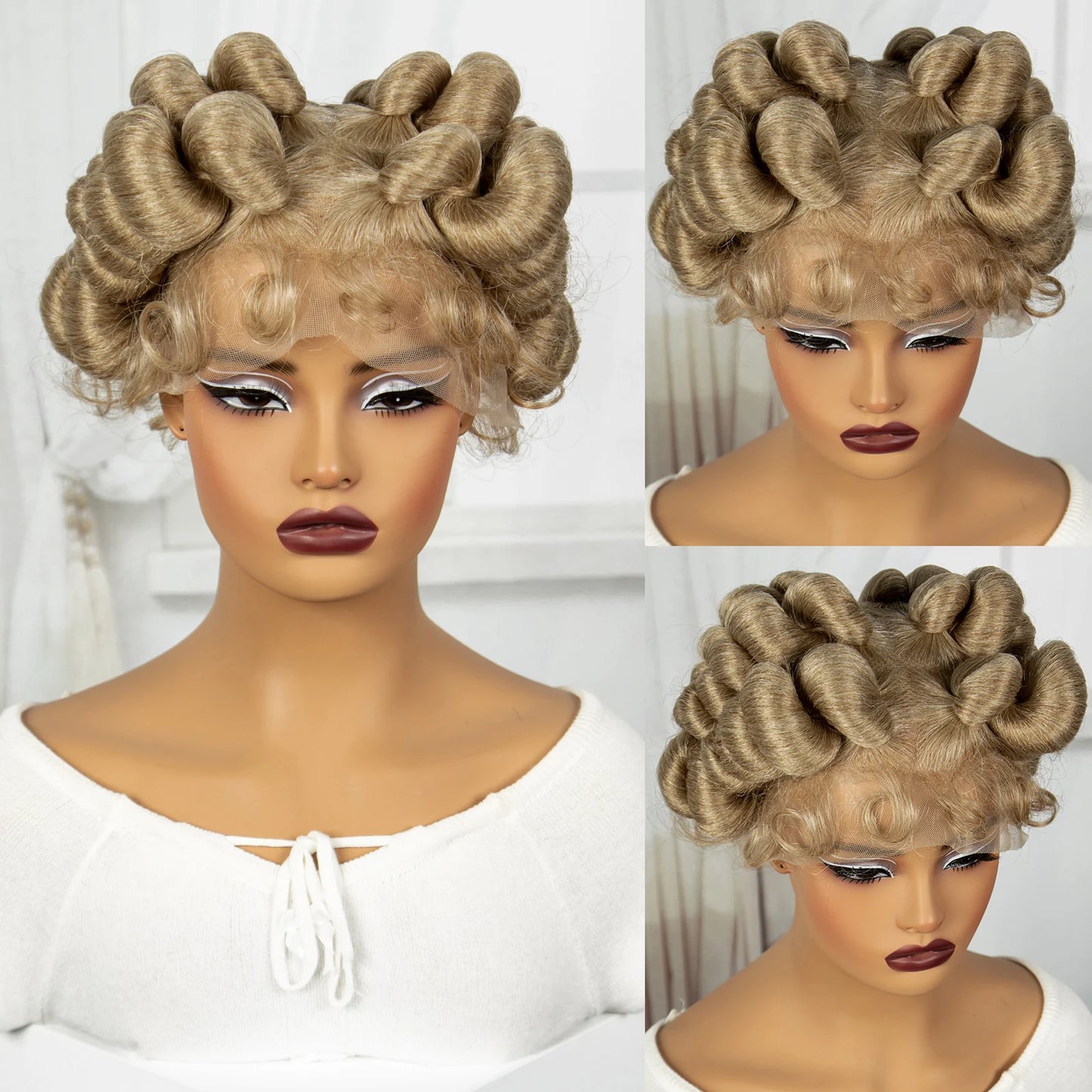 Natural Color 6 Inch Transparent Full Lace Braided Wigs Short Cute Handmade Bantu Synthetic Braided Lace Wig