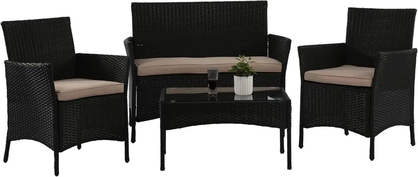 4 Pieces Patio Furniture Set Rattan Wicker Sofa Garden Conversation Set with Soft Cushions and Glass Table