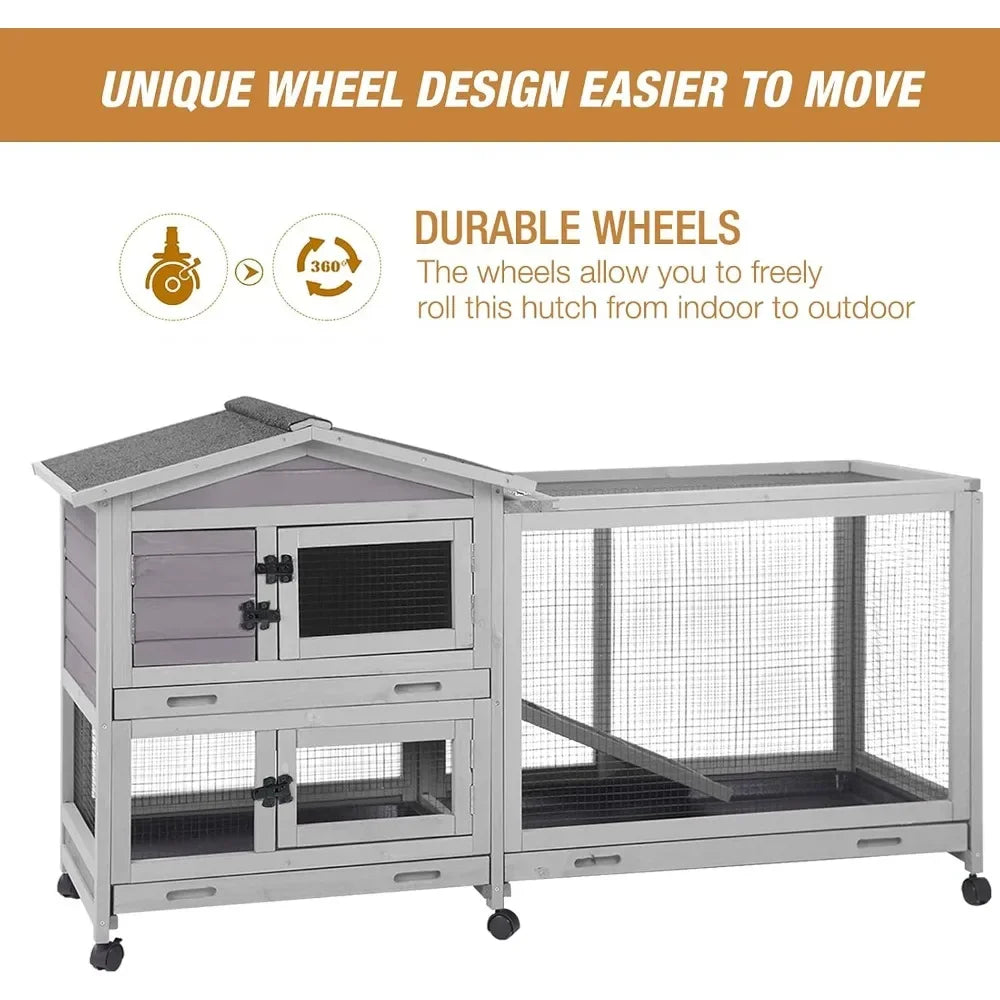 Bunny Cage Indoor and Outdoor Rabbit Hutch with Casters Waterproof Roof and Pull Out Tray