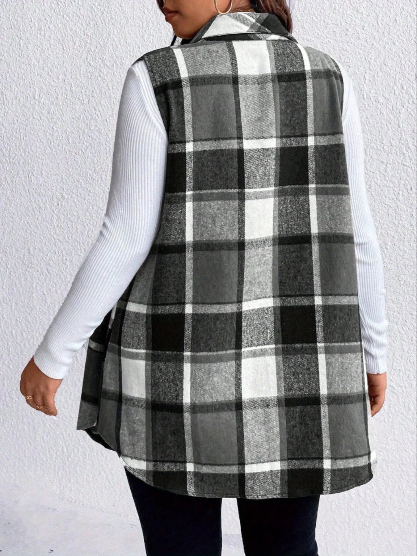 Women Plus Size 1XL to 5XL Plaid Print Sleeveless Coat Fashionable Thick Thermal Vest for Ladies