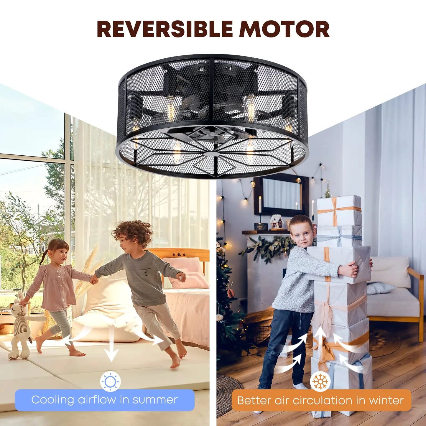18 Inch Black Caged Ceiling Fan With Lights Flush Mount