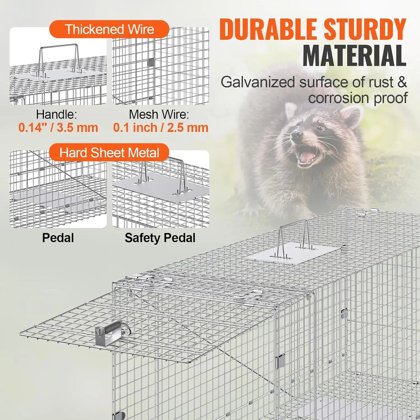 Live Animal Cage Trap 42 Inch x 16 Inch x 18 Inch Humane Cat Trap Galvanized Iron Folding Animal Trap Cage with Handle