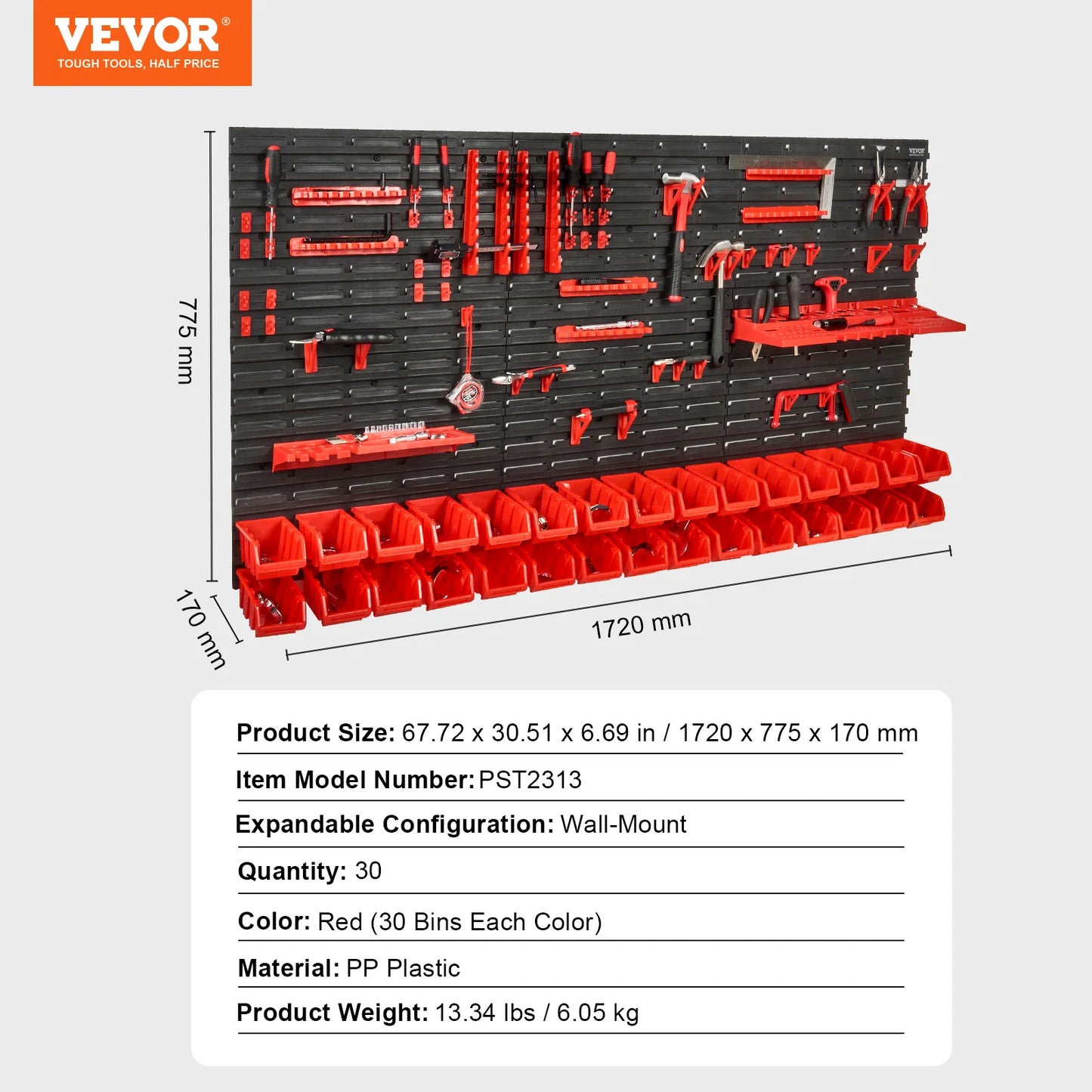 VEVOR Wall Mounted Storage Bins 30 48 Bin Parts Rack Organizer with Wall Panels Hooks Plastic Shop Tool for Screws Nails