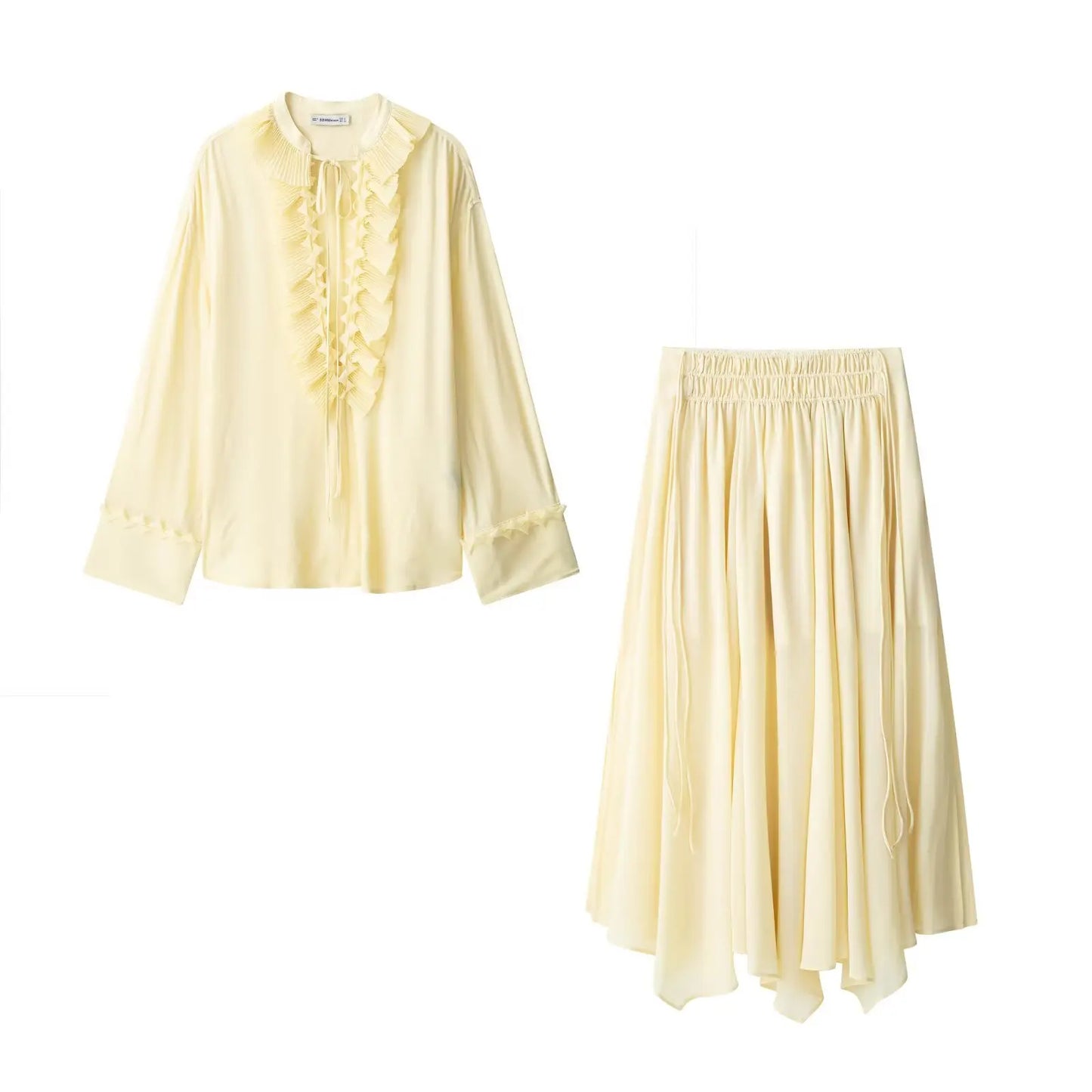 TRAFZA Women Elegant Skirt Suit Long Sleeve Lace Loose Shirt and Zipper Pleated Casual Long Skirt Set