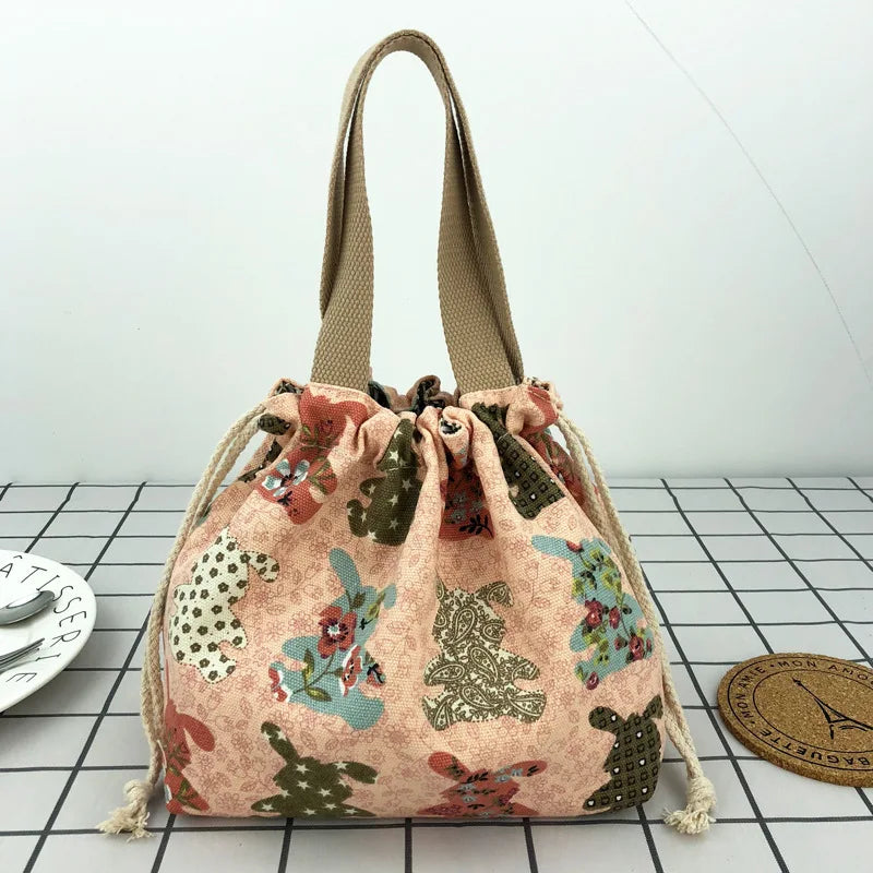 Japanese Cute Bento Bag Tote Canvas Lunch Bag Cartoon Anime Drawstring Bag Foldable for Two Lunch Boxes