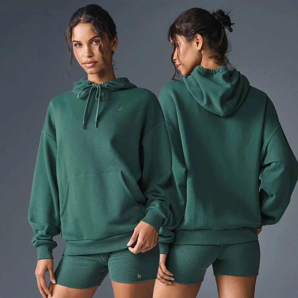 LO Casual Versatile Pure Cotton Pullover Hoodie Sports Outdoor Top Long Sleeved Hooded Solid Color Loose Autumn/winter Hoodie