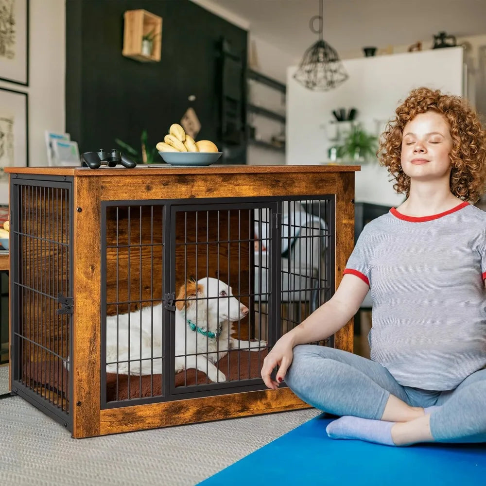 Dog Crate Furniture with Thick Cushion Wooden Side End Table Dog Cage with Double Doors Chew Resistant Kennel for Home