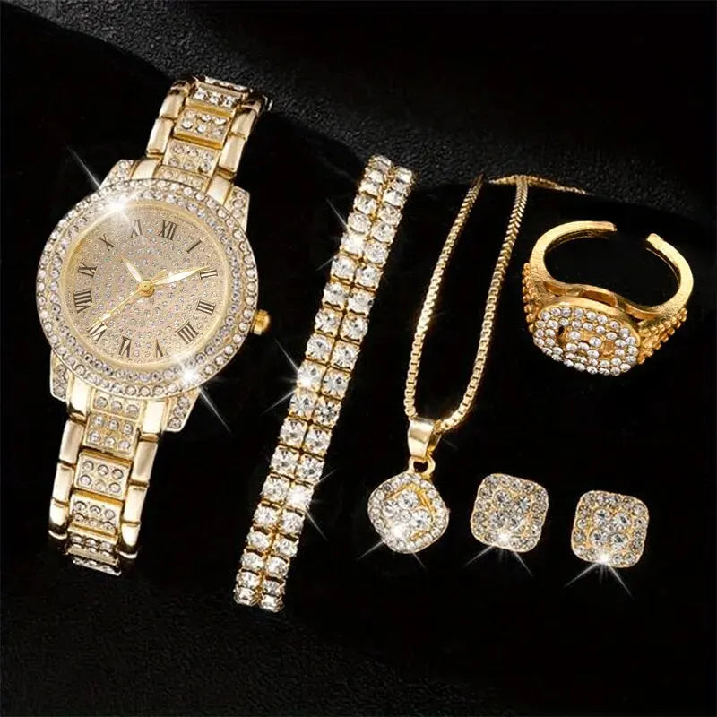 6PCS Women Luxury Elegant Alloy Watch Crystal Wristwatch for Ladies Gift Quartz Rhinestone Bracelet