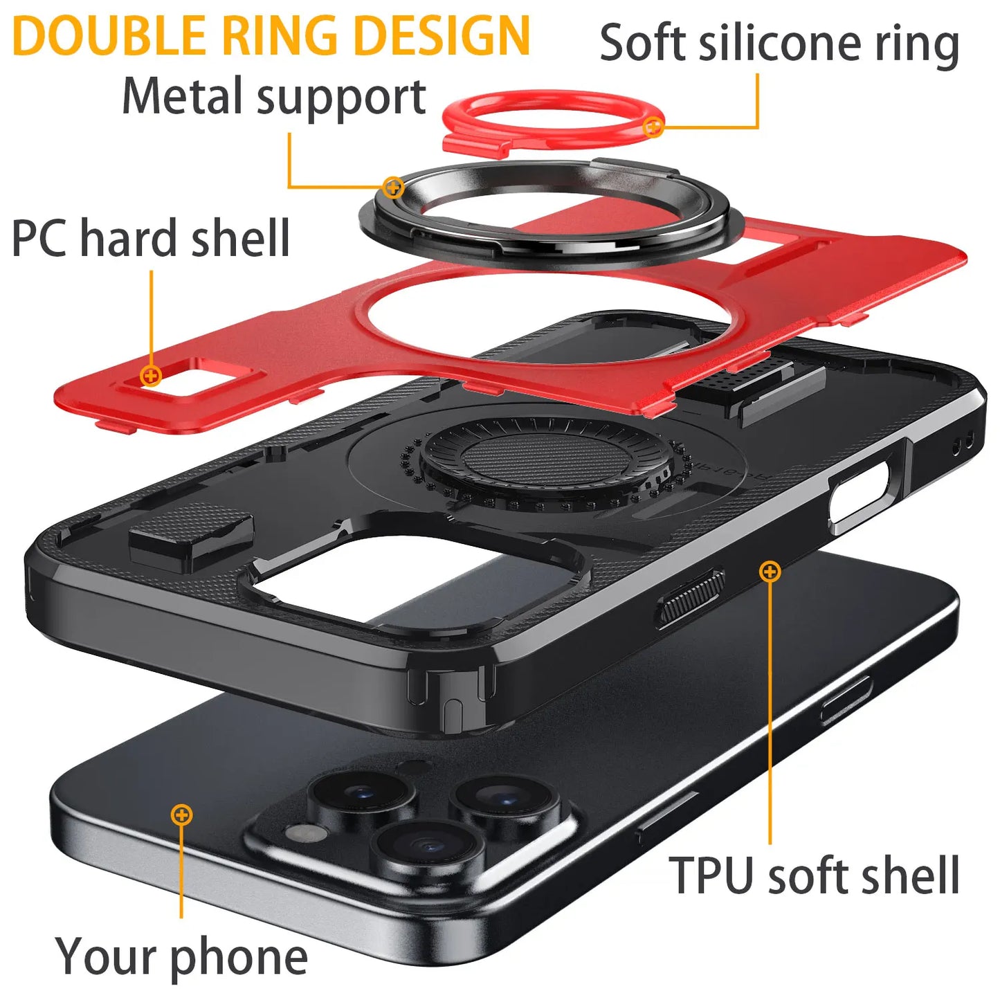For iPhone 16 16 Plus 16 Pro 16 Pro Max Hybrid Shockproof Case with Double Ring Kickstand Rugged Hard Slim Thin Cover Red