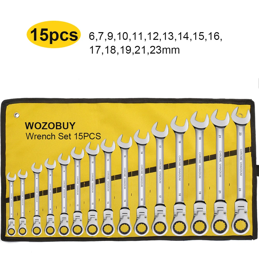 Ratcheting Combination Wrench Set 6-23mm Metric Flex Head Ratcheting Wrench Chrome Vanadium Steel Spanner with Bag