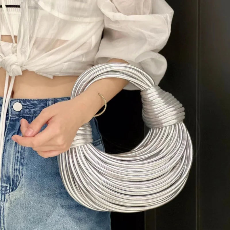 Handbags For Women 2024 New Gold Luxury Designer Brand Handwoven Noodle Bags Rope Knotted Pulled Hobo Silver Evening Clutch Chic
