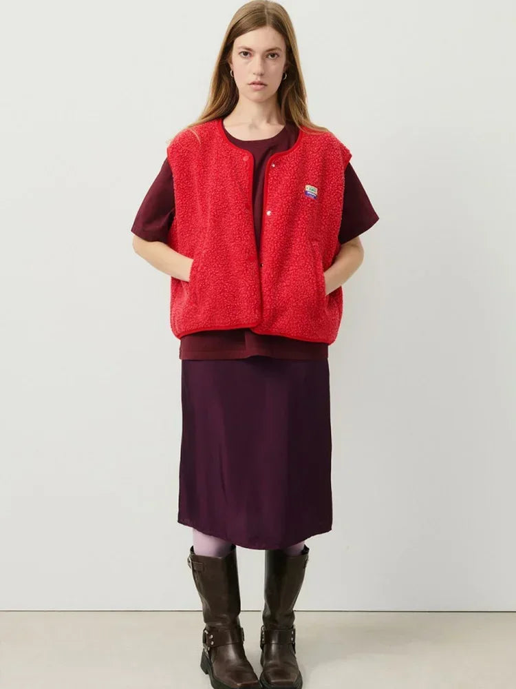 Fashion Casual Single Breasted Lamb Vest For Women Sleeveless Pockets O Neck Top 2025 Lady Spring Wool Blended Coat