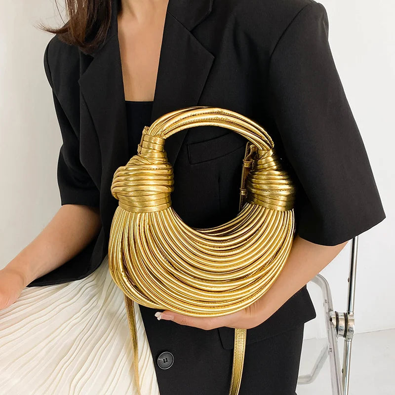 Handbags For Women 2024 New Gold Luxury Designer Brand Handwoven Noodle Bags Rope Knotted Pulled Hobo Silver Evening Clutch Chic