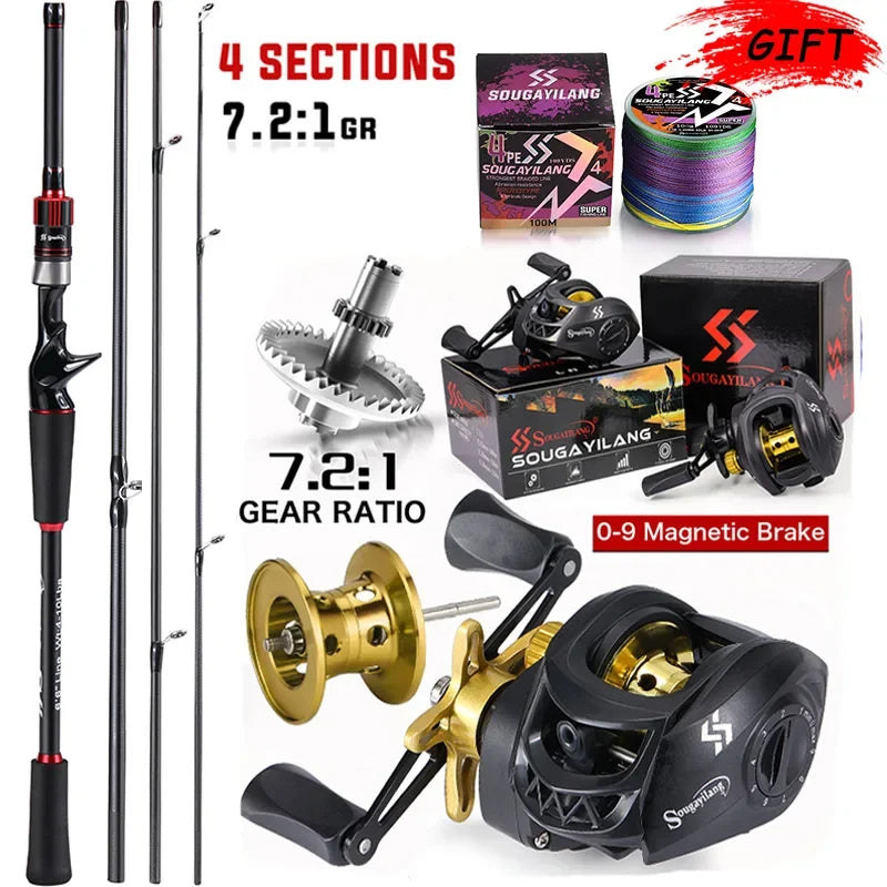 Sougayilang Fishing Rod Reel Combo 1.8 to 2.1 Meter Carbon Fiber Casting Rod and 7.2 to 1 Gear Ratio Baitcasting Reel Max Drag 10 Kilograms for Bass Fishing