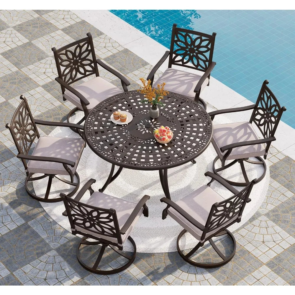 Cast Aluminum Patio Dining Set for 6 People 7 Piece Outdoor Furniture with 54 Inch Round Table and Umbrella Hole