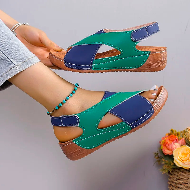 New Women's Contrast Color Wedge Sandals Summer Peep Toe Non Slip Beach Shoes Comfortable Platform Roman Sandals