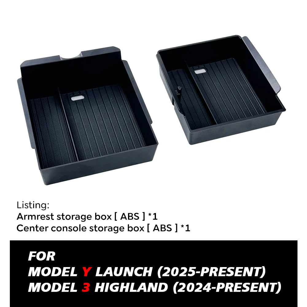 Console And Armrest Storage Box For Tesla New Model Y 2025 Juniper ABS With Silicone Non Slip Mat And Water Cup Holder